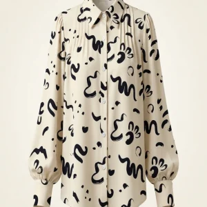 Plus Size 1XL-5XL Women Geometric Pattern Lapel Long Sleeved Top Button Casual Shirt