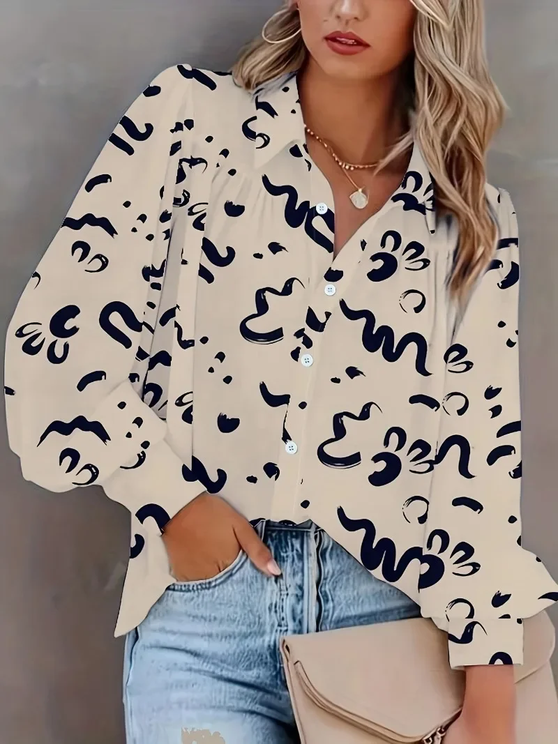 Plus Size 1XL-5XL Women Geometric Pattern Lapel Long Sleeved Top Button Casual Shirt