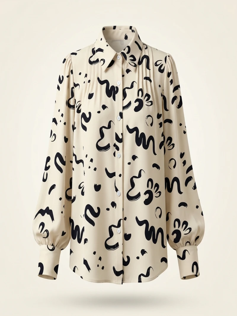 Plus Size 1XL-5XL Women Geometric Pattern Lapel Long Sleeved Top Button Casual Shirt