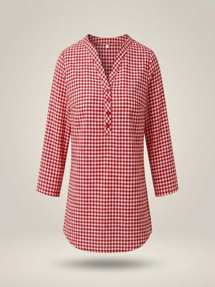 Plus Size Spring Autumn Women Fine Plaid Fashion Long Sleeve V-Neck Blouse Slim Fit Temperament Top Belly Covering Small Shirts - Image 3