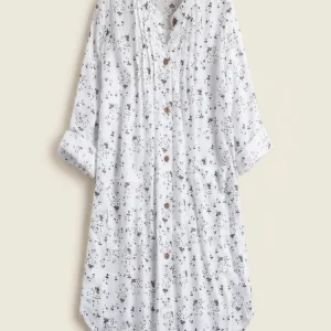 Women's Plus-size Shirt White Long Flower Decorated Lapel Button Up Top for Travel Wear