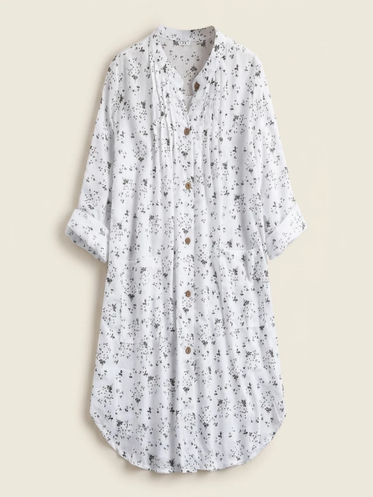 Women's Plus-size Shirt White Long Flower Decorated Lapel Button Up Top for Travel Wear