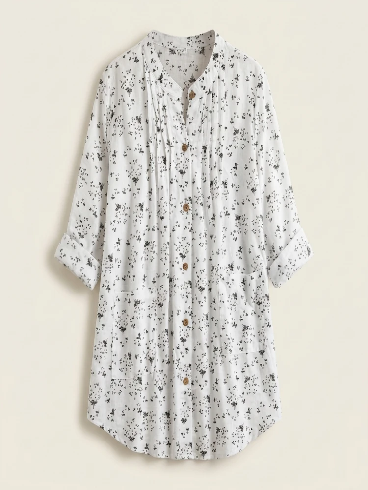 Women's Plus-size Shirt White Long Flower Decorated Lapel Button Up Top for Travel Wear - Image 6