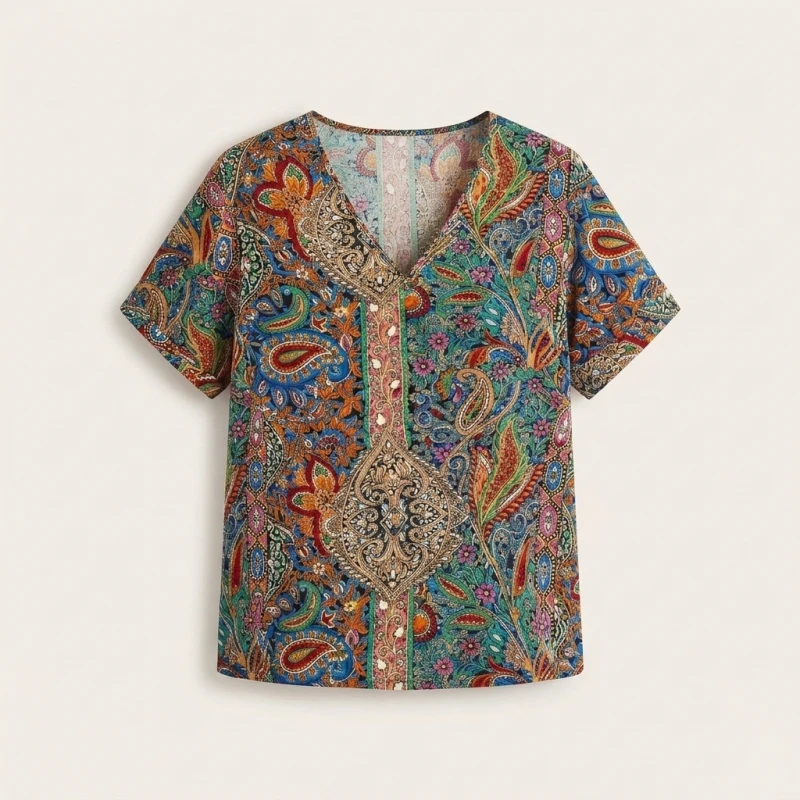Plus Size 0XL-5XL Women's Fashionable V-neck Printed Casual and Comfortable Short Sleeved Shirt - Image 3