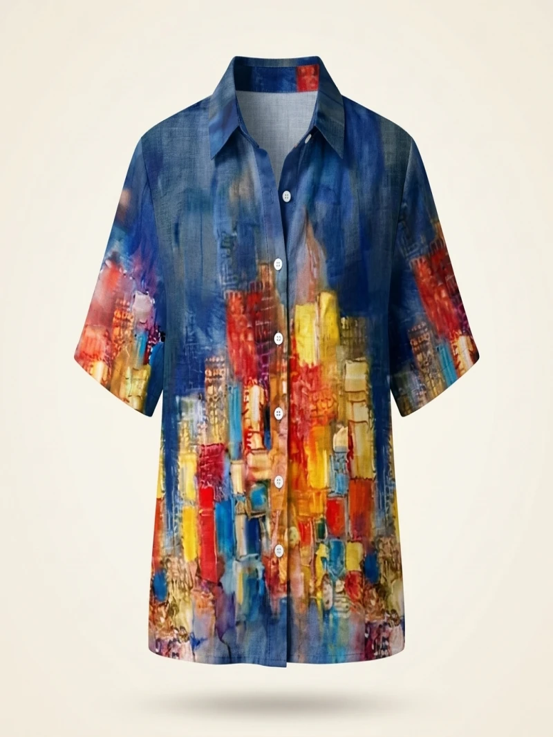 Women's Plus Size 1XL-5XL Fashion Oil Painting Print Blouse with Button Ladies Casual Stand Collar Stylish and Comfortable Shirt - Image 2