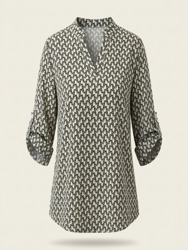 Plus Size 1XL-5XL Women Fashion Roll Up Notched Neck Long Sleeve Blouse Shirts Ladies Casual Tunic Blouse Shirt Breathable Top - Image 2