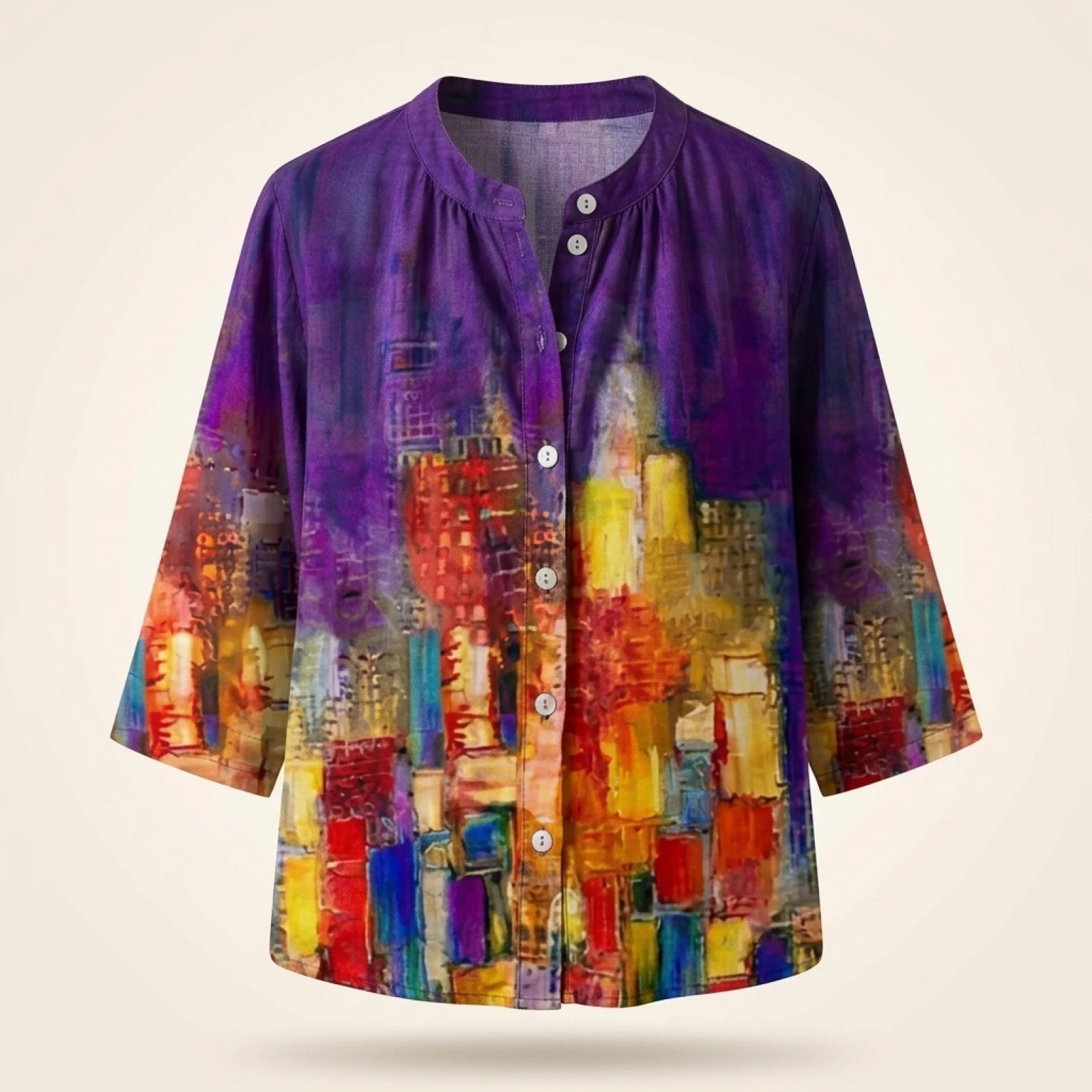 Women's Plus Size 1XL-5XL Fashion Oil Painting Print Blouse with Button Ladies Casual Stand Collar Stylish and Comfortable Shirt - Image 6