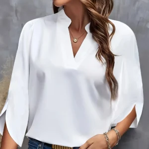 Pluse Size V-neck Summer Elegant Women's Blouse Solid Color Loose Shirt Short Sleeve Casual White Tops Office Lady Tops Clothing
