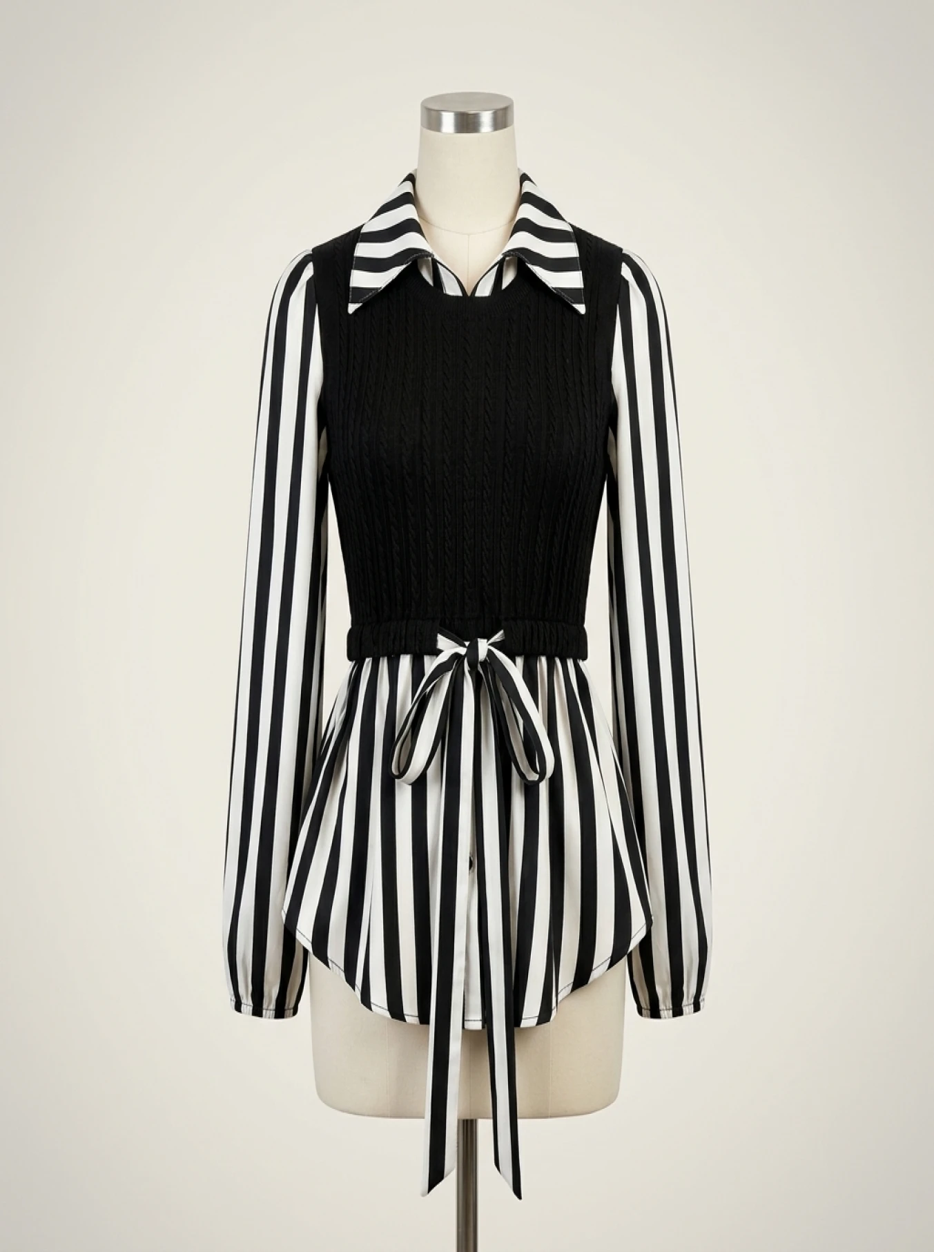 Women Plus Size Striped Blouse Casual Long Sleeve Lapel Collar Non Stretch Woven Shirt for Summer Black White Vertical - Image 3