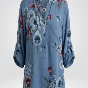 Plus Size Women Fashion V-neck Printed Pull-up Long Sleeved Shirt Ladies Casual Standing Collar Blouse