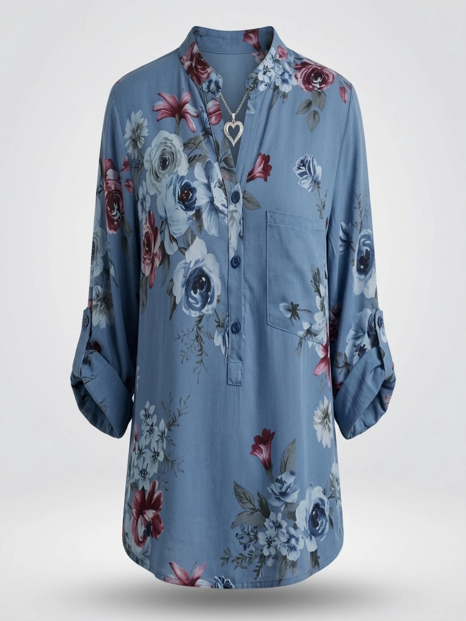 Plus Size Women Fashion V-neck Printed Pull-up Long Sleeved Shirt Ladies Casual Standing Collar Blouse