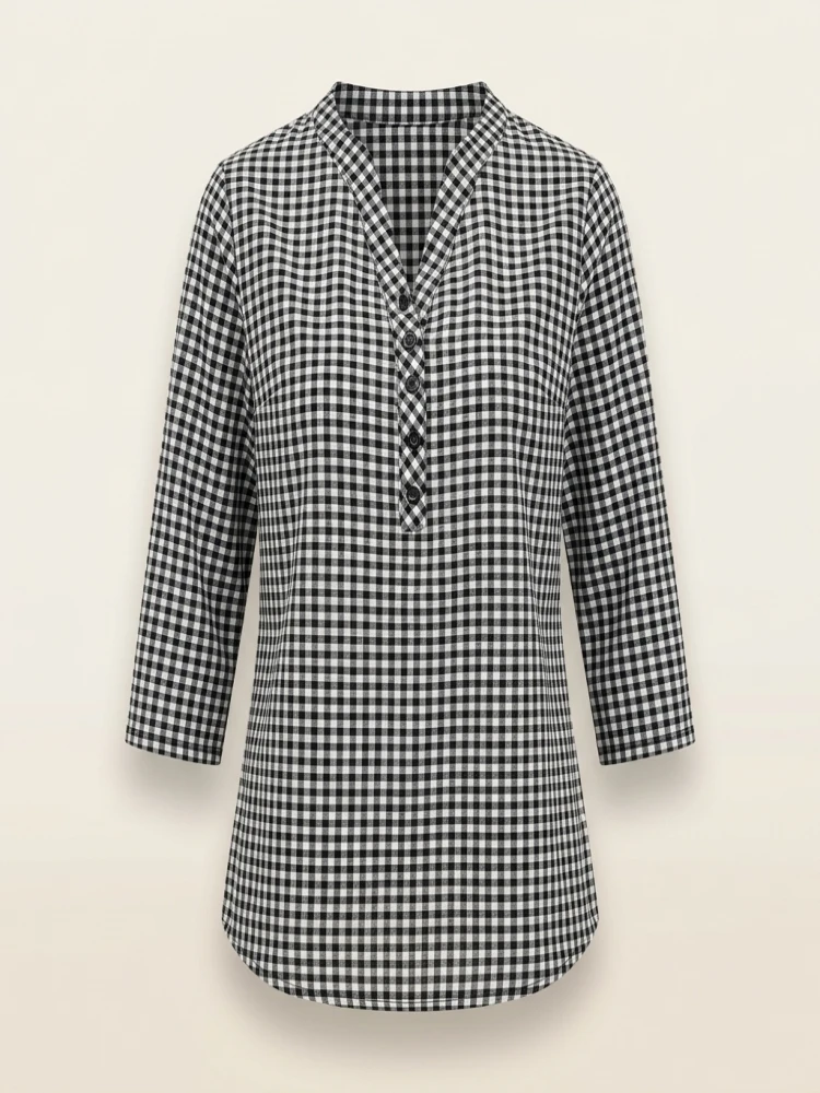 Plus Size Spring Autumn Women Fine Plaid Fashion Long Sleeve V-Neck Blouse Slim Fit Temperament Top Belly Covering Small Shirts - Image 2