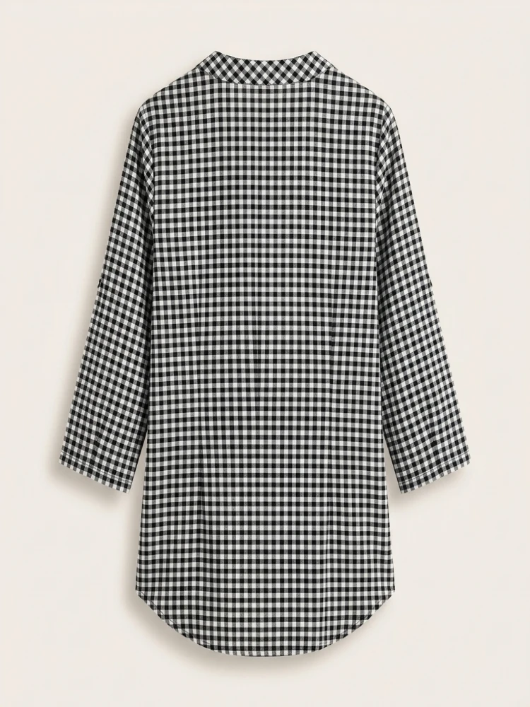 Plus Size Spring Autumn Women Fine Plaid Fashion Long Sleeve V-Neck Blouse Slim Fit Temperament Top Belly Covering Small Shirts - Image 4