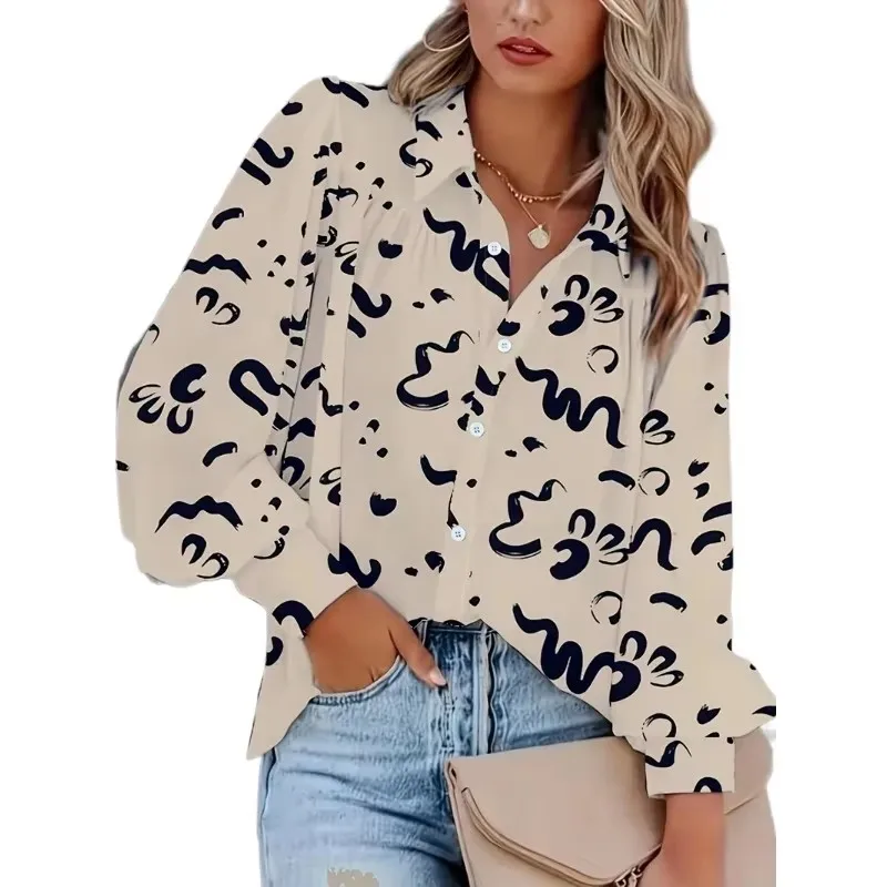 Plus Size 1XL-5XL Women Geometric Pattern Lapel Long Sleeved Top Button Casual Shirt - Image 2