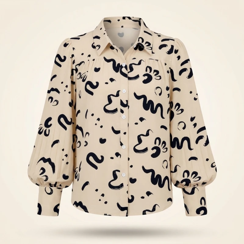 Plus Size 1XL-5XL Women Geometric Pattern Lapel Long Sleeved Top Button Casual Shirt - Image 2