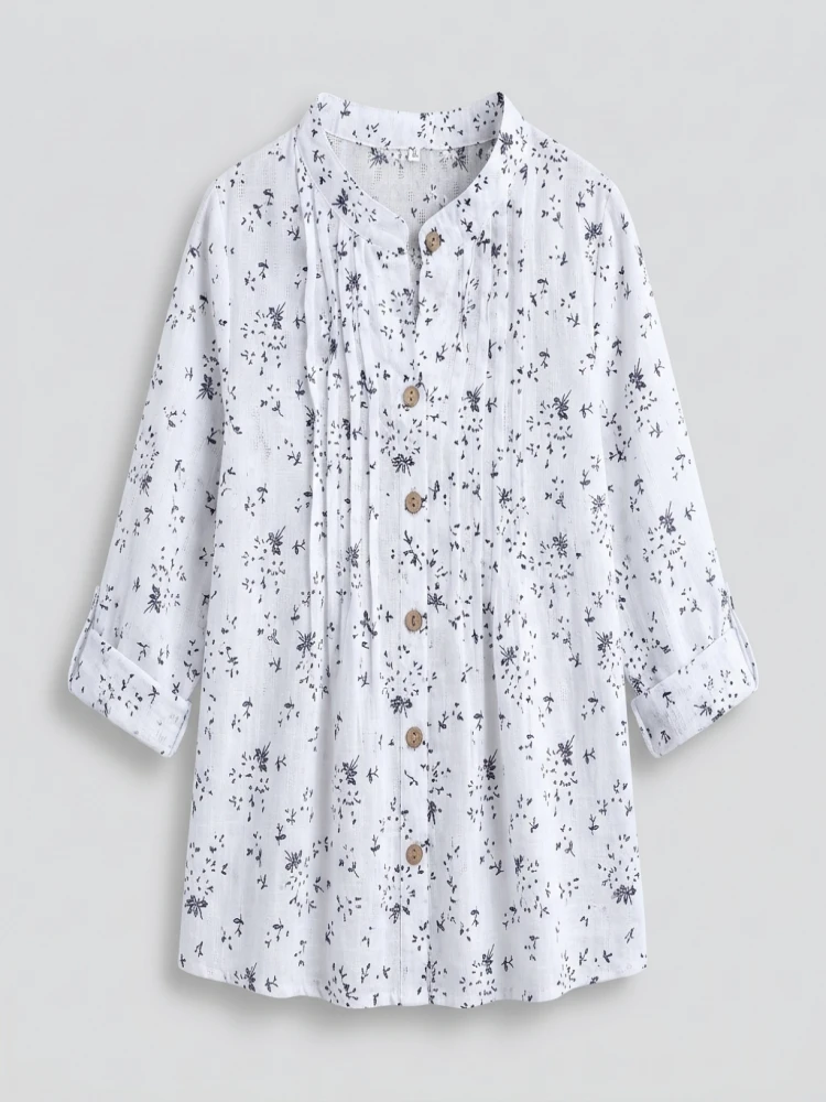 Women's Plus-size Shirt White Long Flower Decorated Lapel Button Up Top for Travel Wear - Image 3
