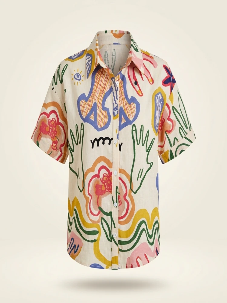 Plus Size Indian Style 2025 Woman's Loose Artistic Design Graffiti Pocket Tops Casual Shirts Clothing Fashion Long Sleeve Blouse - Image 4