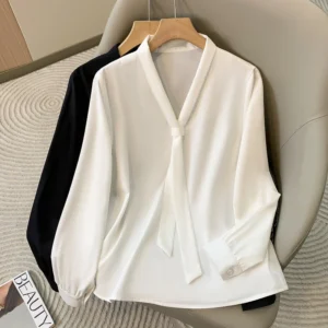 2025 Women's Elegant Butterfly Knot V-neck Blouse Solid Thin Chiffon Plus Size Shirt Spring Autumn Fashion Long Sleeves Tops