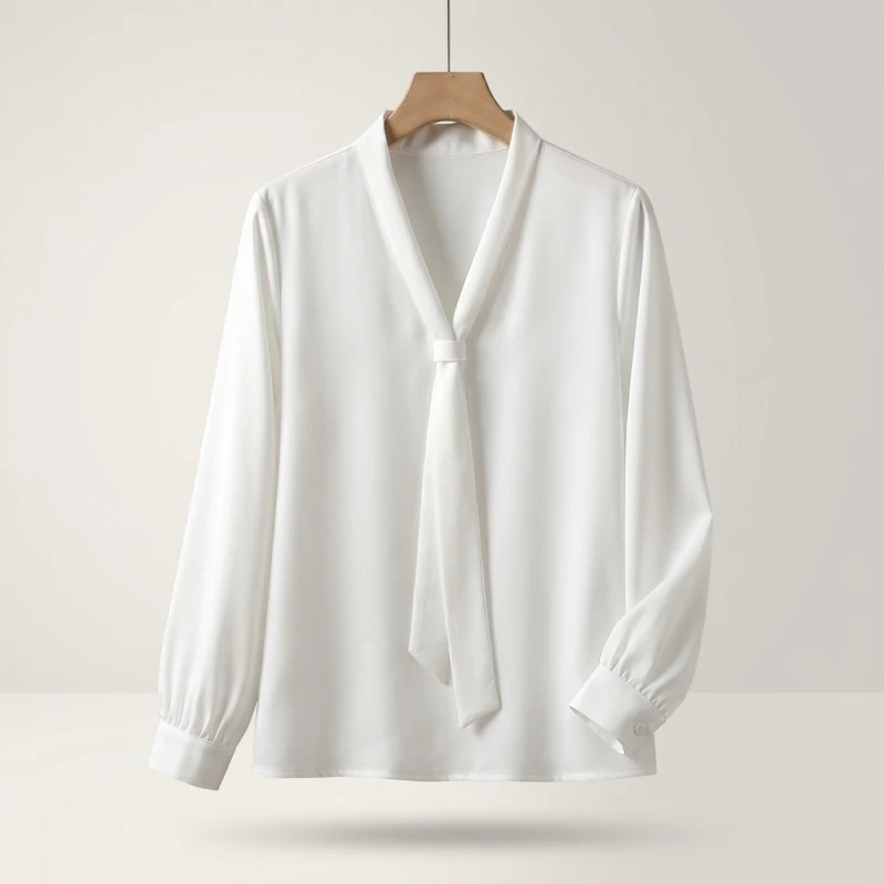 2025 Women's Elegant Butterfly Knot V-neck Blouse Solid Thin Chiffon Plus Size Shirt Spring Autumn Fashion Long Sleeves Tops