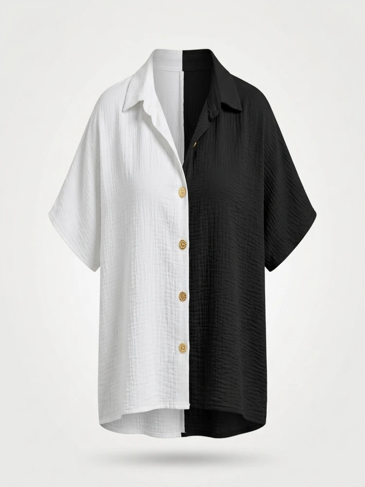 Plus Size Women Summer Shirt Fashion Chic Color-Blocked Cardigan Elegant Breathable Blouses Clothing Suitable for Many Occasions - Image 3