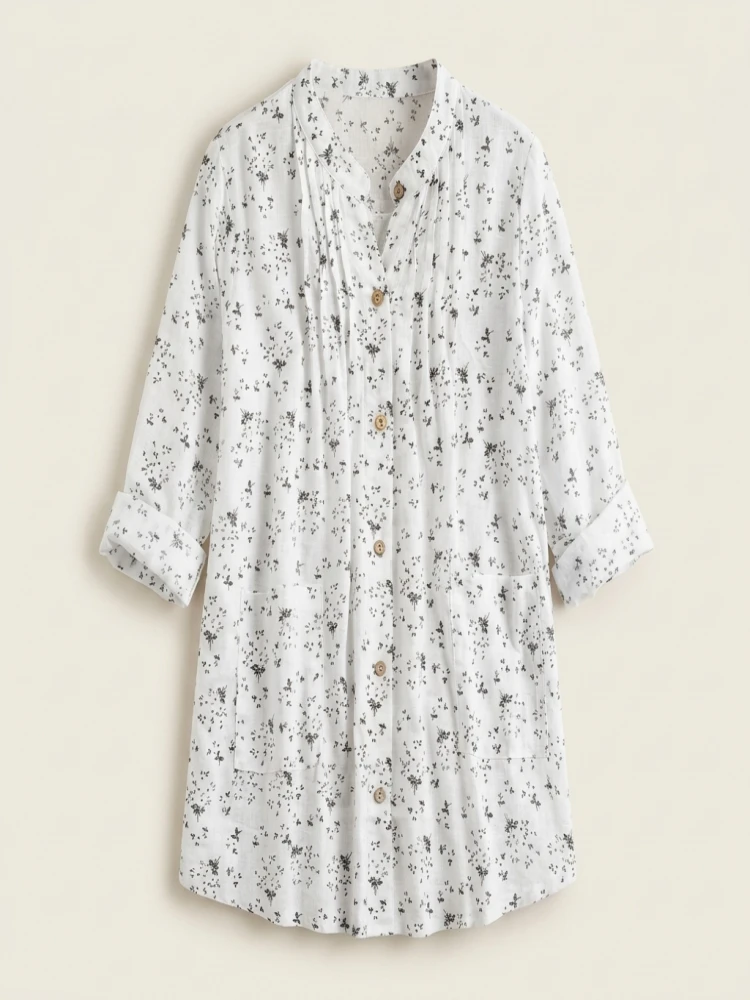 Women's Plus-size Shirt White Long Flower Decorated Lapel Button Up Top for Travel Wear - Image 5