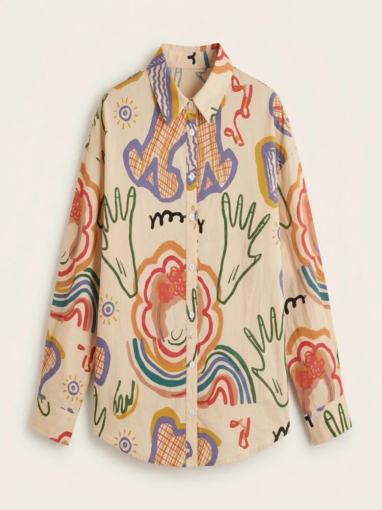 Plus Size Indian Style 2025 Woman's Loose Artistic Design Graffiti Pocket Tops Casual Shirts Clothing Fashion Long Sleeve Blouse - Image 2