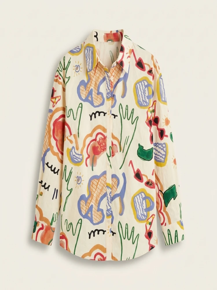 Plus Size Indian Style 2025 Woman's Loose Artistic Design Graffiti Pocket Tops Casual Shirts Clothing Fashion Long Sleeve Blouse - Image 3