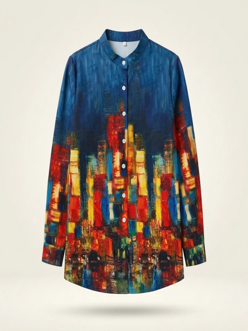 Women's Plus Size 1XL-5XL Fashion Oil Painting Print Blouse with Button Ladies Casual Stand Collar Stylish and Comfortable Shirt - Image 4