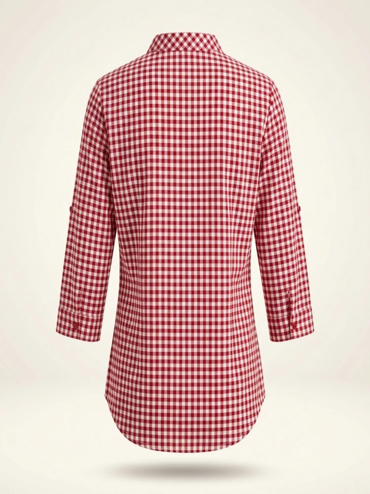 Plus Size Spring Autumn Women Fine Plaid Fashion Long Sleeve V-Neck Blouse Slim Fit Temperament Top Belly Covering Small Shirts - Image 6