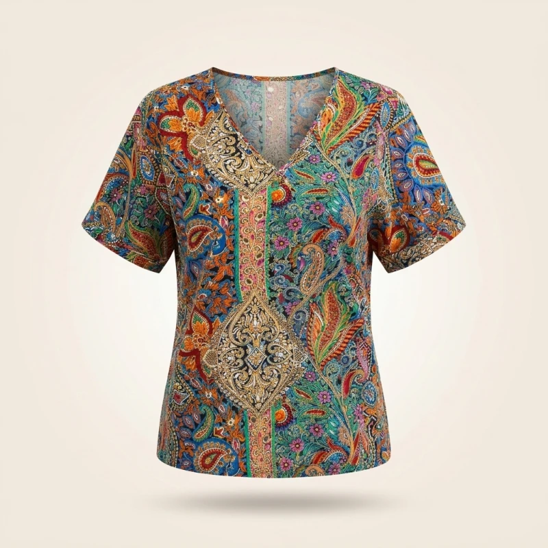 Plus Size 0XL-5XL Women's Fashionable V-neck Printed Casual and Comfortable Short Sleeved Shirt - Image 4