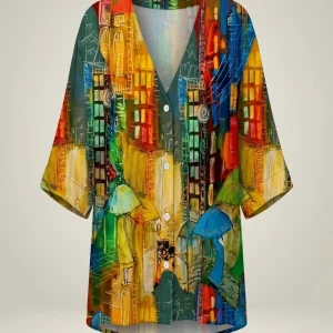 Women's Plus Size 1XL-5XL Fashion Oil Painting Print Blouse with Button Ladies Casual Stand Collar Stylish and Comfortable Shirt