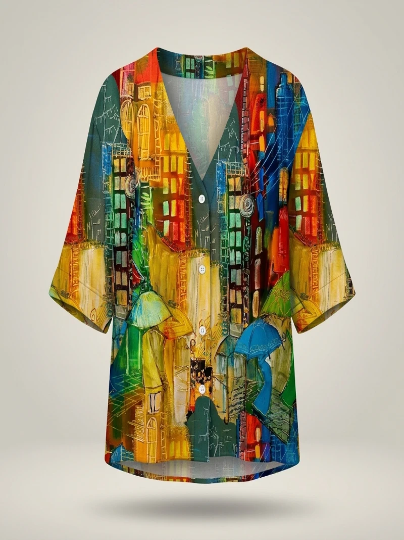 Women's Plus Size 1XL-5XL Fashion Oil Painting Print Blouse with Button Ladies Casual Stand Collar Stylish and Comfortable Shirt