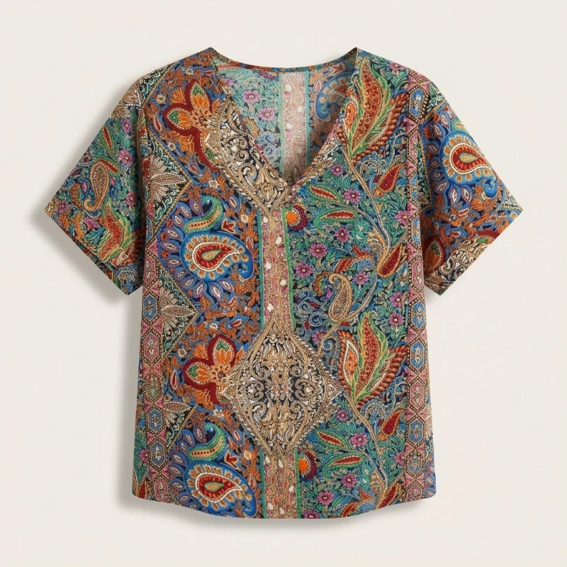 Plus Size 0XL-5XL Women's Fashionable V-neck Printed Casual and Comfortable Short Sleeved Shirt - Image 5