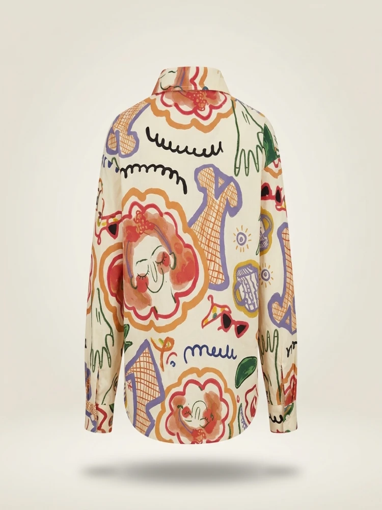 Plus Size Indian Style 2025 Woman's Loose Artistic Design Graffiti Pocket Tops Casual Shirts Clothing Fashion Long Sleeve Blouse - Image 5