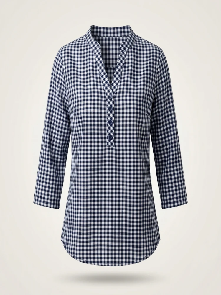 Plus Size Spring Autumn Women Fine Plaid Fashion Long Sleeve V-Neck Blouse Slim Fit Temperament Top Belly Covering Small Shirts
