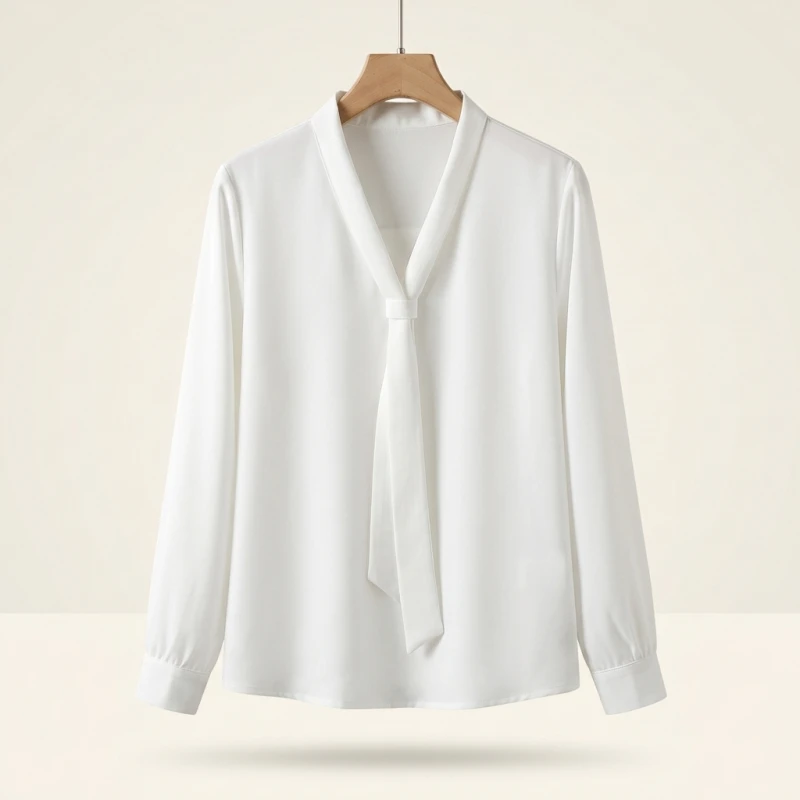 2025 Women's Elegant Butterfly Knot V-neck Blouse Solid Thin Chiffon Plus Size Shirt Spring Autumn Fashion Long Sleeves Tops - Image 3