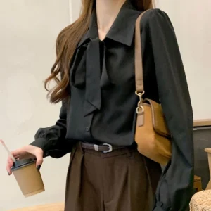 Y2K Women Solid Plus Size Shirt Bow Lace Up Lantern Sleeve Female Blouse Fashion Indian Sweet New Single Breasted Ladies Tops