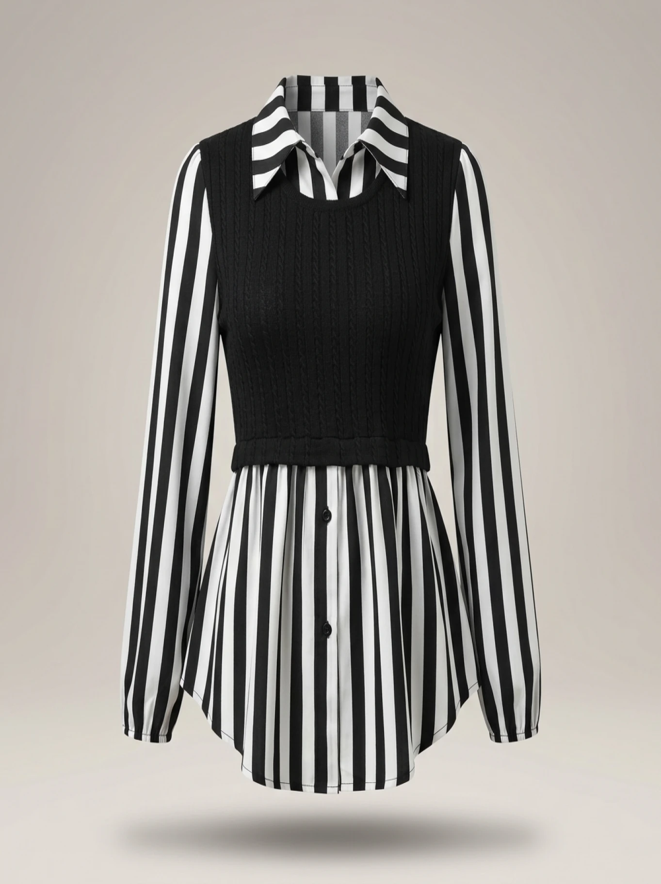 Women Plus Size Striped Blouse Casual Long Sleeve Lapel Collar Non Stretch Woven Shirt for Summer Black White Vertical