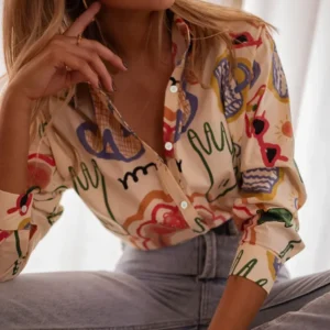 Plus Size Indian Style 2025 Woman's Loose Artistic Design Graffiti Pocket Tops Casual Shirts Clothing Fashion Long Sleeve Blouse