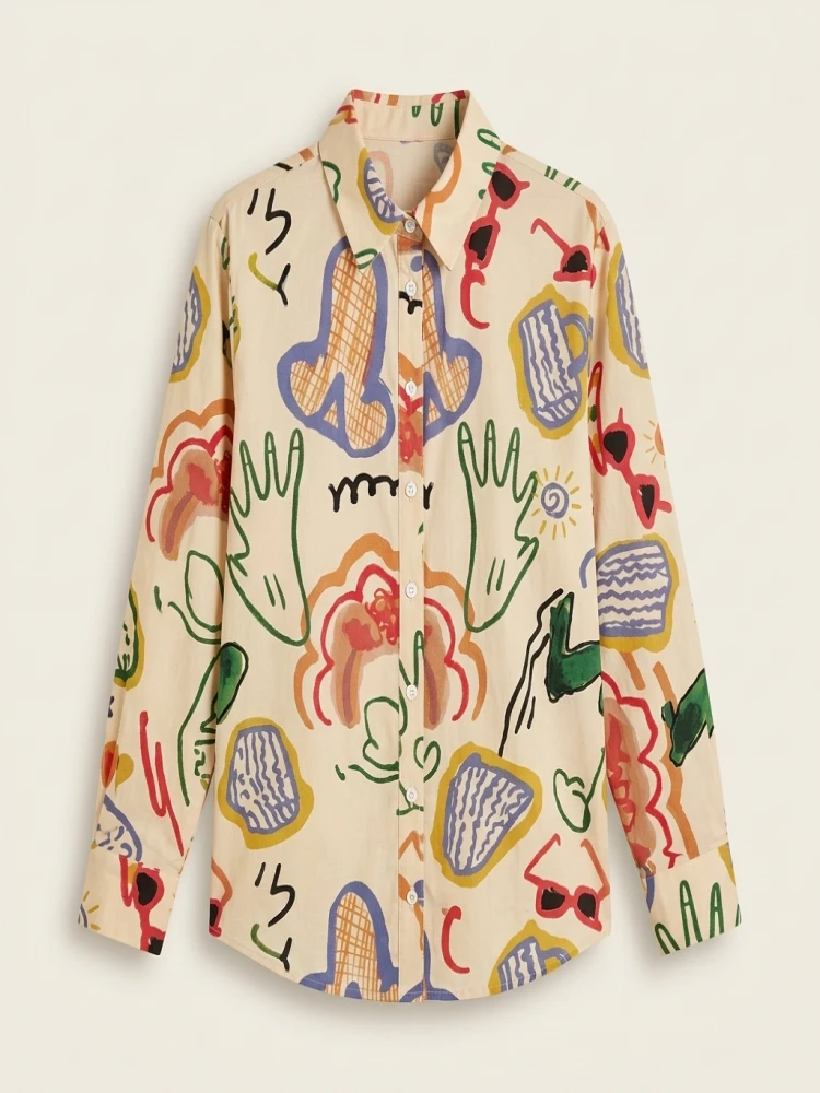 Plus Size Indian Style 2025 Woman's Loose Artistic Design Graffiti Pocket Tops Casual Shirts Clothing Fashion Long Sleeve Blouse