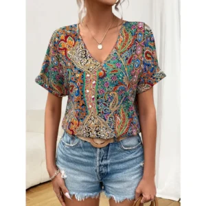 Plus Size 0XL-5XL Women's Fashionable V-neck Printed Casual and Comfortable Short Sleeved Shirt