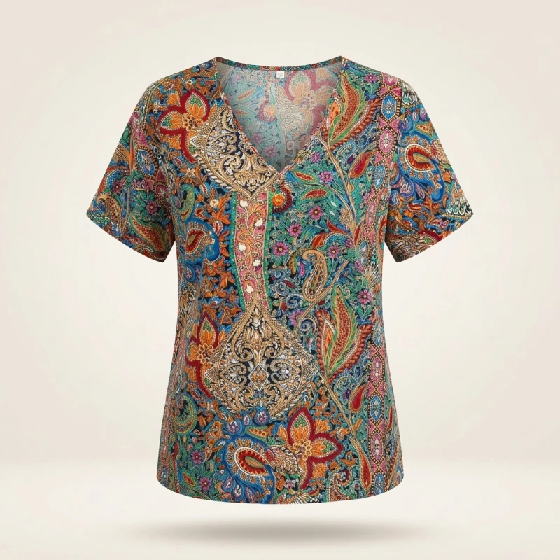Plus Size 0XL-5XL Women's Fashionable V-neck Printed Casual and Comfortable Short Sleeved Shirt