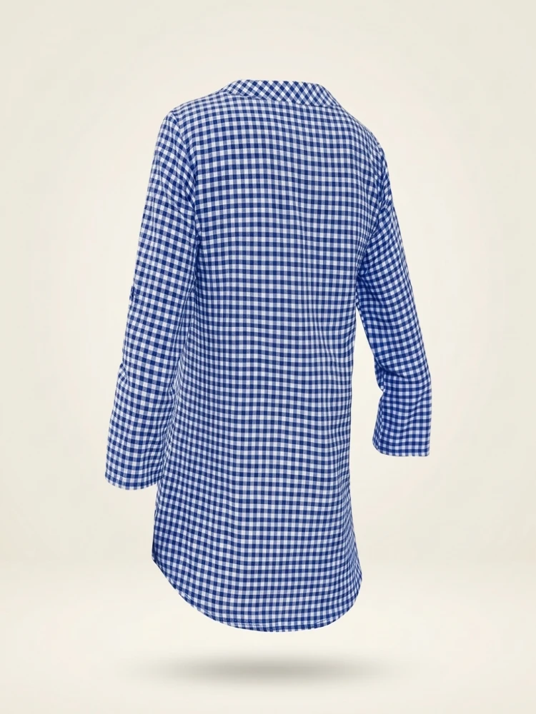 Plus Size Spring Autumn Women Fine Plaid Fashion Long Sleeve V-Neck Blouse Slim Fit Temperament Top Belly Covering Small Shirts - Image 5