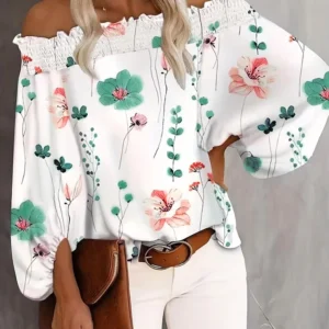 Women's Summer Plus Size 1XL-5XL Fashion Floral Print Off Shoulder Blouse Shirt Ladies Casual Long Sleeve Beach Shirt