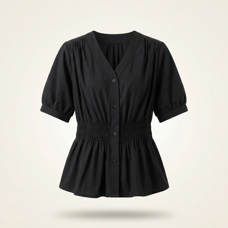 200 Pounds Plus Size Elastic Waist Summer Shirt And Blouse Short Sleeve Solid Top Women's New In Clothes Simple V-neck French