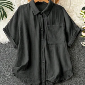 Plus Size Solid Color Curved Hem Shirt, Casual Short Sleeve Collared Top for Daily Wear, Women's Plus Clothing for All Seasons