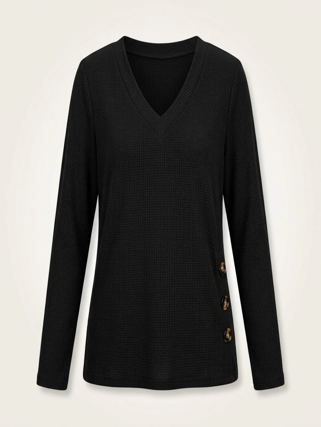 Plus Size Button Decor Ruched T-Shirt, Casual V Neck Long Sleeve Top For Spring & Fall Women's Plus Size Clothing - Image 2