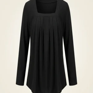 plus size autumn new oversized comfortable casual commuting square neck solid color pleated long sleeved top T-shirt