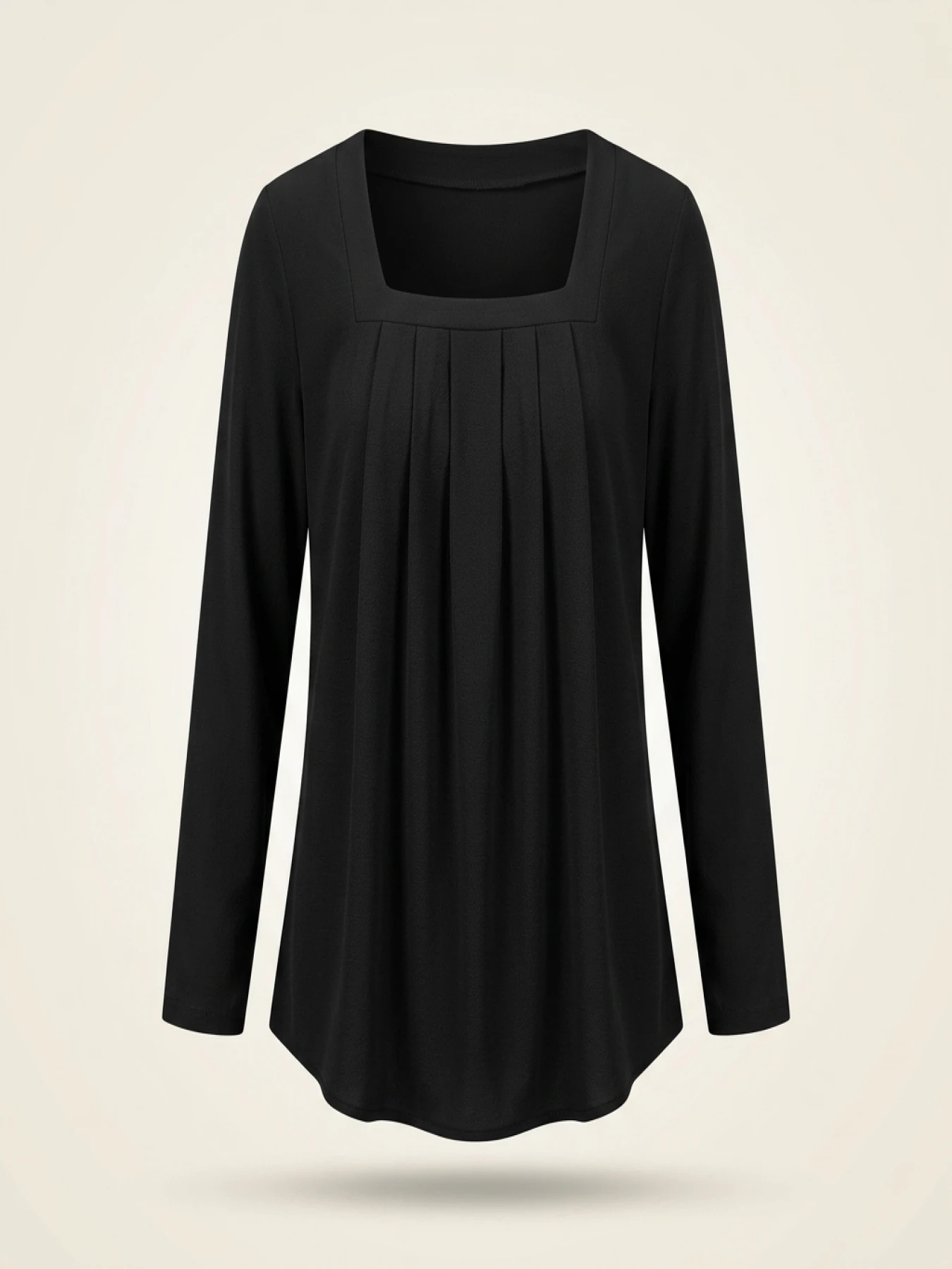 plus size autumn new oversized comfortable casual commuting square neck solid color pleated long sleeved top T-shirt