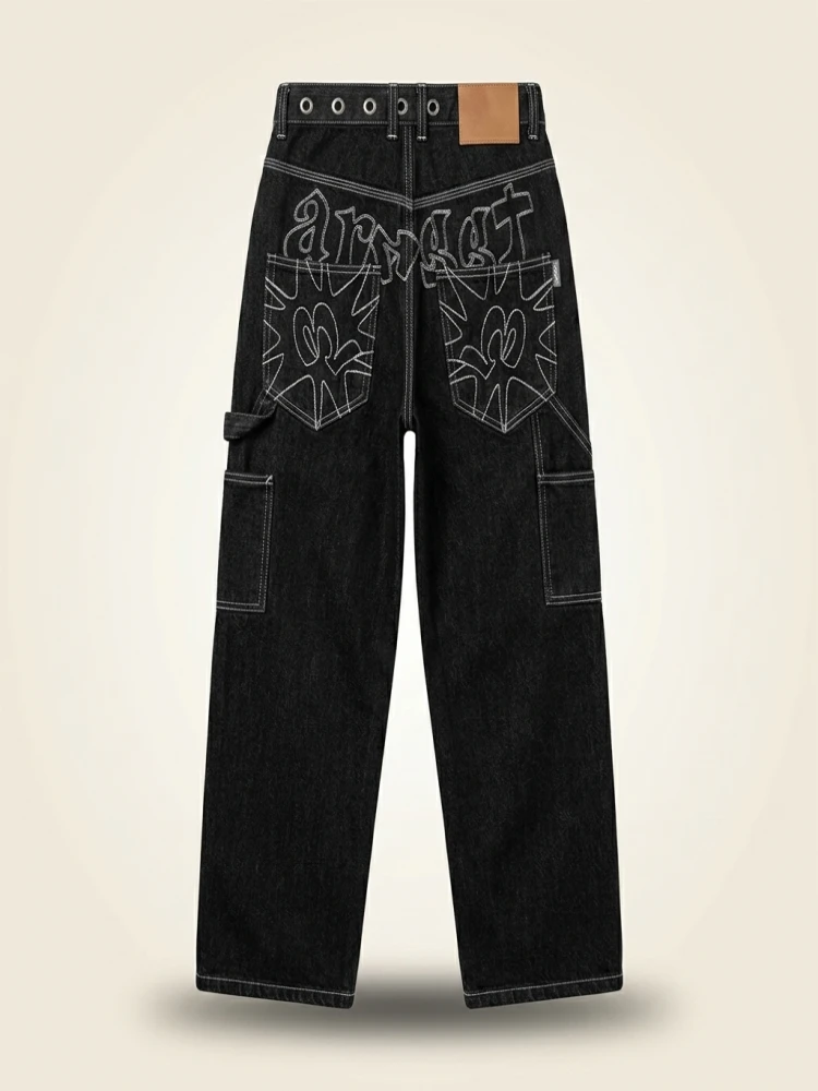 plus Size American Embroidered Wide Leg Jeans Women's Casual Straight Loose Long Pants High Waist Jeans Street Sle Denim
